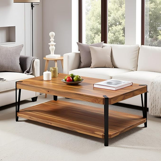 Alaterre Furniture Ryegate 48" Live Edge Wood Coffee Table – Solid Acacia with Metal Frame, Industrial Modern Design, Rustic Rectangle Table with Clear Finish for Living Room or Lounge