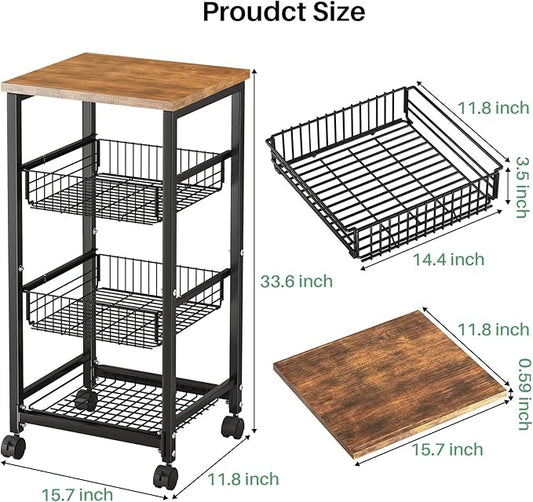 SNTD Fruit Basket Vegetable Stand for Kitchen Pantry, Pull Out Metal Wire Basket with Wood Top for Fruit Vegetable Onions Potatoes Snacks