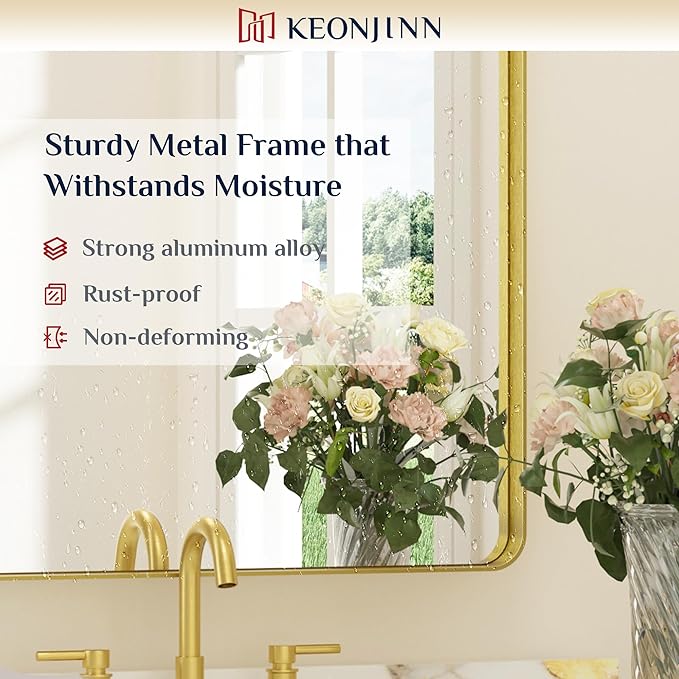 Keonjinn Gold Bathroom Mirrors for Over Sink, 40” x 30” Brushed Brass Mirror, Large Rounded Rectangle Gold Vanity Mirror with Metal Frame, HD Tempered Glass Modern Wall Mirror(Horizontal/Vertical)