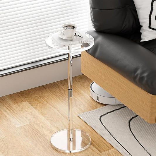 Acrylic Drink Table for Small Spaces, Clear Side Table, 10" L x 10" W x 21.3" H, Round End Table for Living Room, Bedroom, Office, Easy Assembly