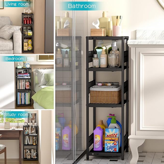 Expandable Slim Storage Shelf, 4 Tier Metal Shelving Unit for Bathroom Storage Organizer, Freestanding Narrow Shelf for Small Spaces, Open Floor Shelves for Bathroom, Laundry Room, Kitchen