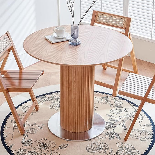 Round Wood Dining Table,Wooden Trestle Pedestal Base on Stainless Steel Plate,Small Space Kitchen Table,34.25" Modern Circular Tabletop for Kitchen, Dining Room, Restaurant,Cafe (Natural)