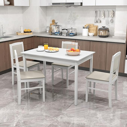 Giantex 5-Piece Dining Table Set for 4 - Breakfast Nook Table Set with Kitchen Table, 4 Upholstered Chairs, Wood Legs, Space-Saving Dinette Set, Kitchen Table Chairs Set of 4 (White+Beige)