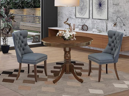 East West Furniture ANDA3-AWA-13 3 Piece Kitchen Table Set Includes a Round Dining Table with Pedestal and 2 Polyester Fabric Upholstered Parson Chairs, 36x36 Inch, Antique Walnut