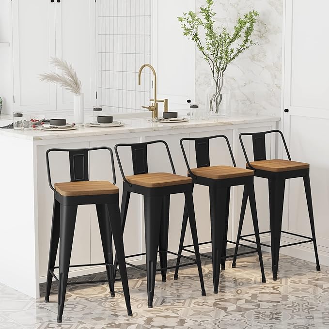 WENTMENT Metal Bar Stools Set of 4 Counter Height Barstools with Removable Back 24" Kitchen Bar Stools with Wooden Seat, Black
