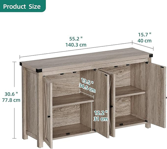 YITAHOME Buffet Cabinet with Storage, 55'' Modern Farmhouse Coffee Bar Cabinet w/4 Doors &Adjustable Shelf, Wood Large Kitchen Storage Cabinet with Barn Doors for Kitchen, Living Room, Grey-Brown