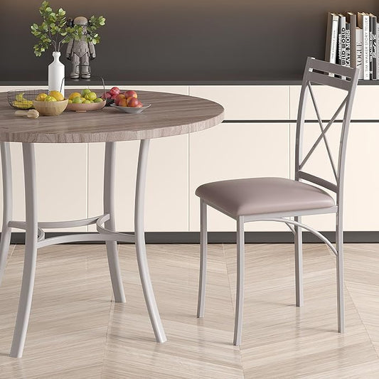 VECELO Metal Dining Chairs Set of 4, Steel Legs and PU Leather Cushion Seats for Kitchen, Living Room, Grey
