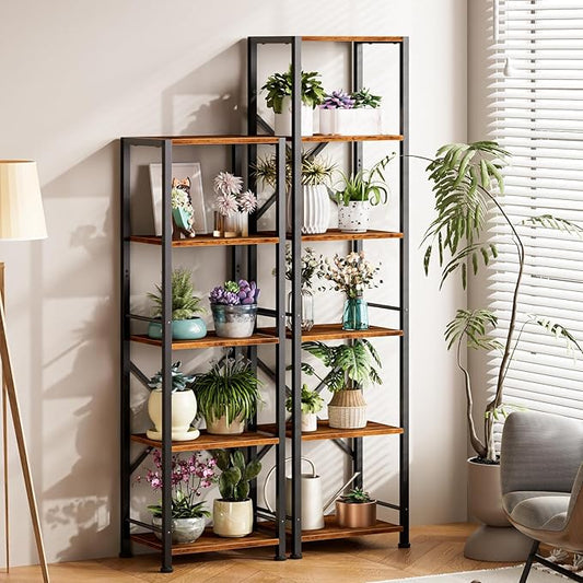 Furologee 5 Tier Tall Bookshelf, Rustic Narrow Bookcase, Display Standing Shelf Units, Metal and Wood Storage Shelves Organizer for Bedroom, Living Room, Home Office, Entryway, Kitchen, Rustic Brown