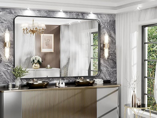Hasipu Black Bathroom Mirror 59x39 Inch Rounded Rectangle Vanity Mirror Metal Framed Wall Mirrors Anti-Rust Surface Mount (Horizontal/Vertical)