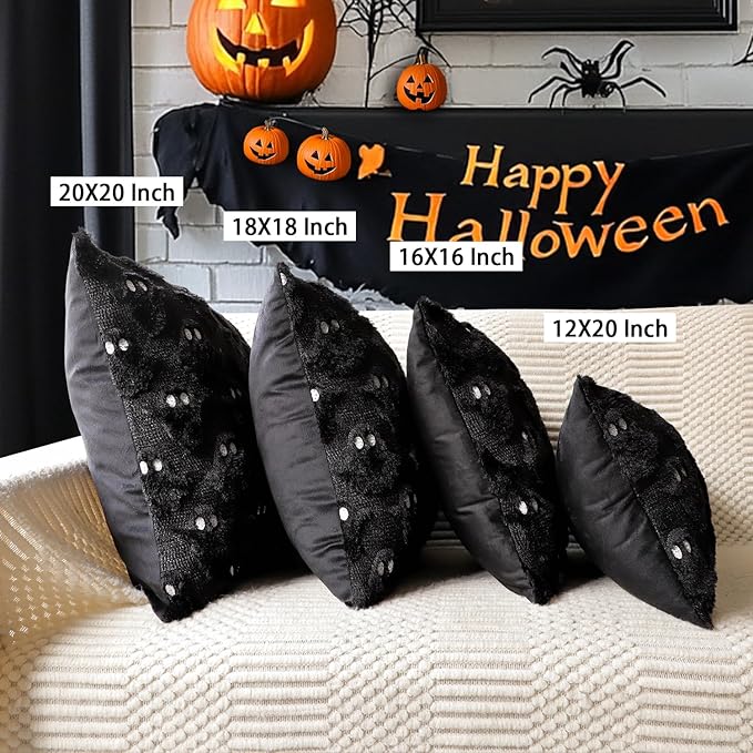 4TH Emotion Halloween Ghost Decorative Pillow Covers 18x18 Set of 2, Black Soft Plush Faux Fur Farmhouse Throw Cushion Cases for Fall Autumn Holiday Home Decorations