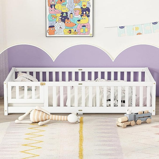 Twin Floor Bed Frame with Slats and Safety Guardrail, Wood Twin Size Montessori Floor Bed with Door and Fence, Easy Assemble Montessori Beds for Kids, Girls, Boys, White