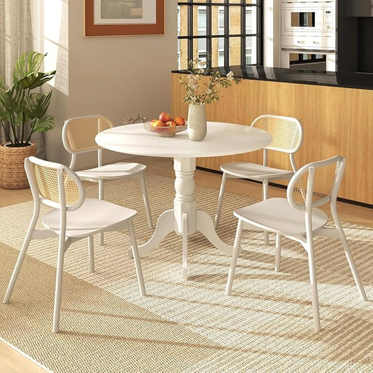 COSTWAY Round Dining Table for 4, 39-inch Wooden Kitchen Table with Solid Rubber Wood Frame, Curved Trestle Legs, Adjustable Foot Pads, Mid Century Rustic Dinning Table for Living Room (White)