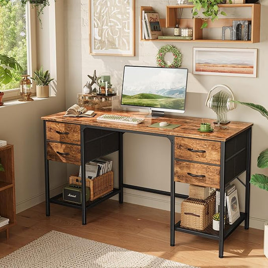 Huuger 55 Inch Computer Desk with 4 Drawers, Office Desk with Mesh Shelf, Gaming Desk, Large Storage, Writing Desk Work Desk for Home Office, Study, Bedroom, Work from Home, Rustic Brown