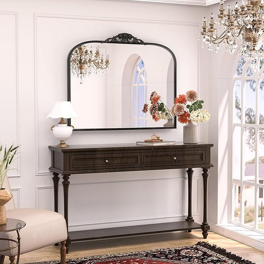 Keonjinn Vintage Mirror 40" x 30", Large Black Antique Mirror with Metal Frame, Ornate Arched Mirrors for Wall, Baroque Decoration for Mantle, Bathroom, Living Room, French Cleat Mounting