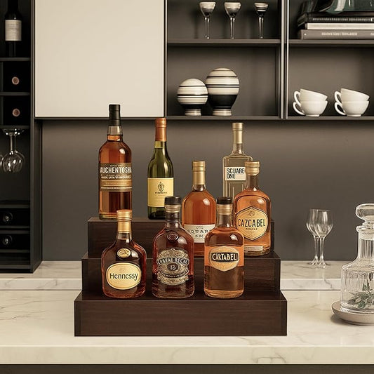 Royxen Wood Liquor Bottle Shelf 3 Tier Bar Shelf Freestanding Vintage Liquor Bar Stand for Home Bar Decor (Brown, 16 Inch Wide)
