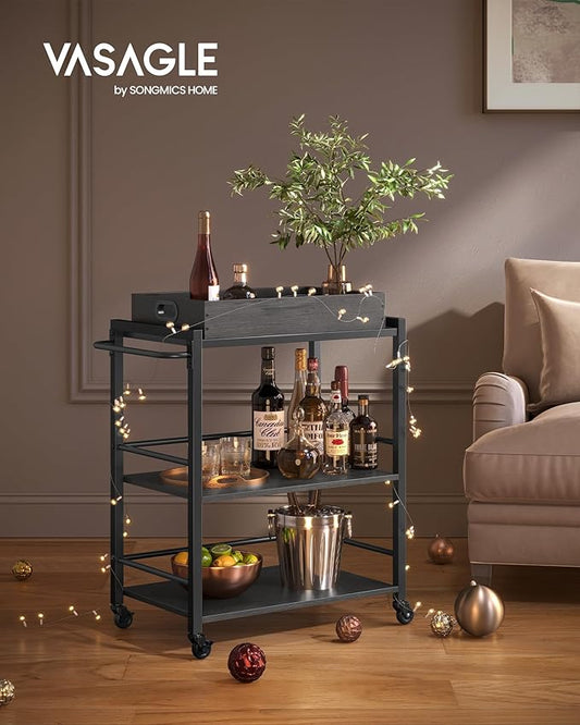 VASAGLE Kitchen Serving Cart with Removable Tray, 3-Tier Kitchen Utility Cart on Wheels with Storage, with Brakes, Leveling Feet, 15.7 x 28.3 x 33.9 Inches, Charcoal Gray and Black ULRC072B04