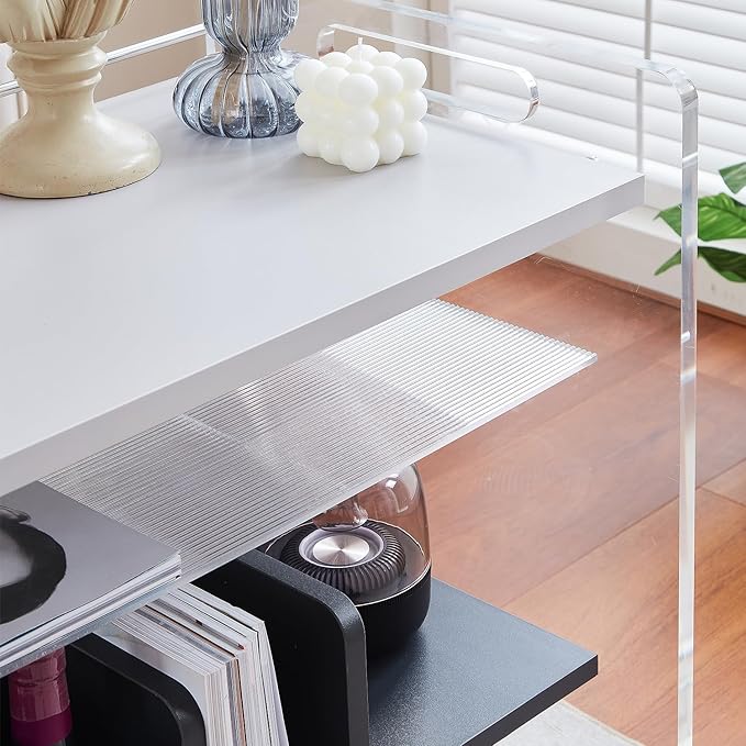 Acrylic Record Player Stand,Vinyl Storage Holder Cabinet with Wheels,Large Turntable Stand with Shelf,Coffe Table Movable End Table Nightstand Stereo Cabinet for Living Room Bedroom Office