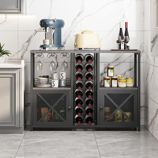 Homeiju Mini Bars for Home, Wooden Coffee Bar Cabinet, Modern Liquor Cabinet for Liquor and Glasses, Farmhouse Buffet Wine Bar Cabinet with Storage Sideboard for Home Kitchen Dining Room (Deep Grey)