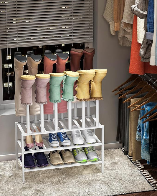 White Boot Rack, Boot Rack Organizer Tall Boots with Shoe Rack for Closet, Bamboo Wood Shoe Shelf Storage Organizer for Entryway