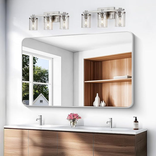 BONEWEI Silver Bathroom Mirror,55x36 inch Wall Mirror for Bathroom Wall Mounted,Rectangle Mirror for Bathroom Over Sink,Modern Frame Round Corner for Living Room,Bedroom Entryway,Horizontal/Vertical