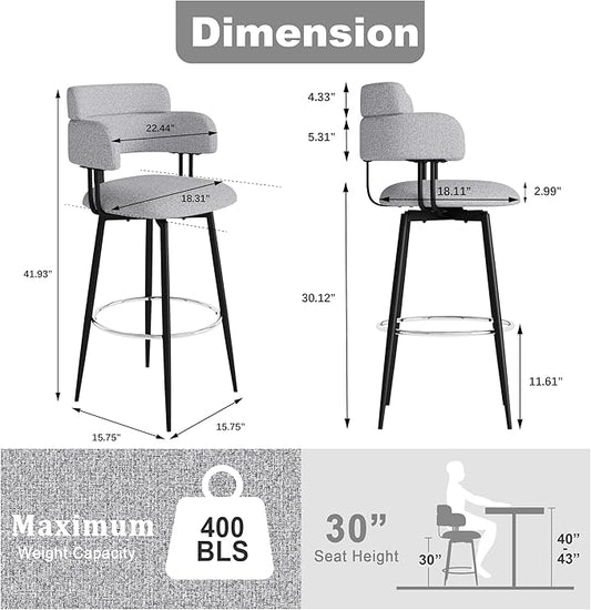 Swivel Bar Stools Set of 2, Counter Height Bar Stools with Ergonomic Full Back, Upholstered Linen Fabric Barstools with Chrome Metal Footrest for Kitchen Island, Dining Room