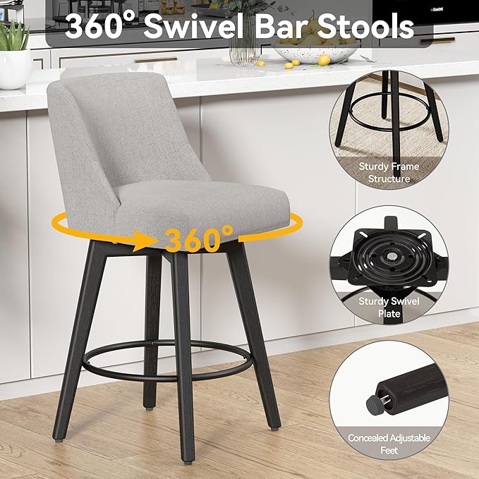 Counter Height Swivel Bar Stools Set of 2, 26 Inch Bar Stools with Footrest, Linen Fabric Upholstered Barstools with Back and Solid Wood Legs for Kitchen Island, Dining Room,Pub,Light Grey