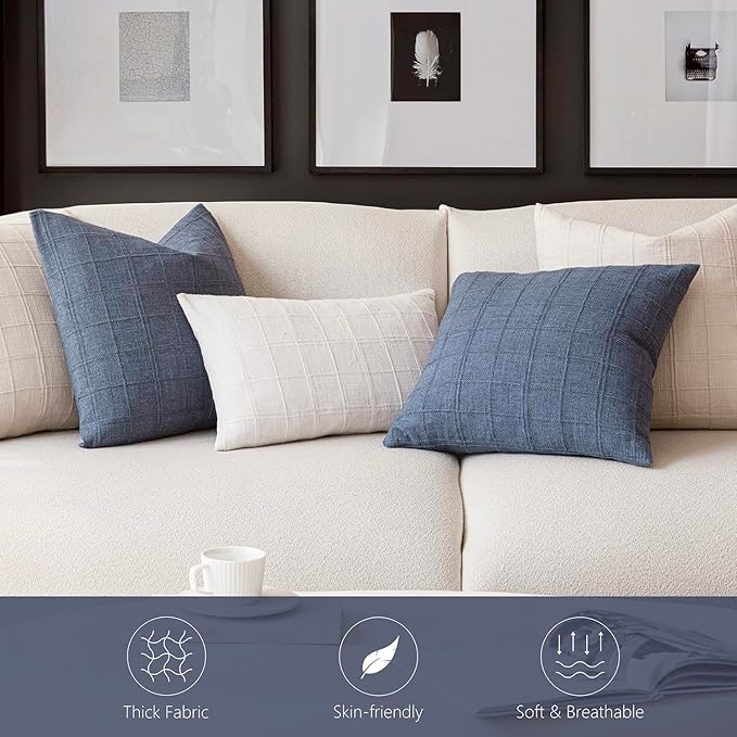 Foindtower Set of 2 Decorative Linen Check Throw Pillow Covers Neutral Farmhouse Vintage Cushion Covers Modern Coastal Boho Home Decor for Sofa Chair Couch Bedroom Living Room Outdoor,24×24 Inch,Blue