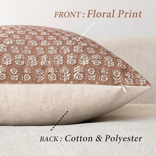 Foindtower Set of 2 Decorative Vintage Floral Print Throw Pillow Covers Neutral Farmhouse Cushion Covers Boho Home Decor for Sofa Couch Chair Bedroom Living Room Outdoor,24×24 Inch,Light Orange Brown