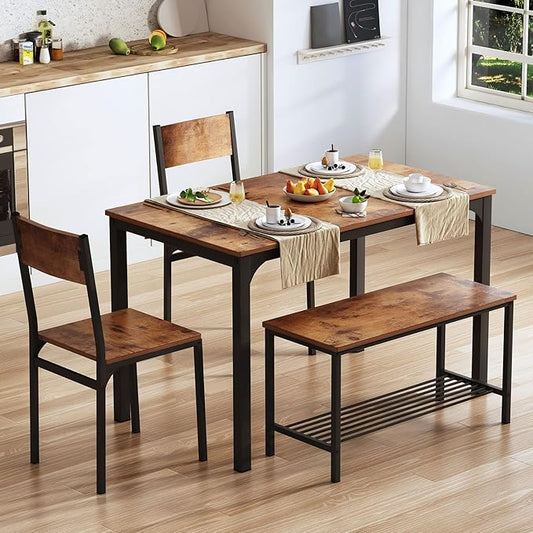 SogesHome 4-Piece Kitchen Table and 2 Chairs for 4 with Bench, Dining Table Set for Small Space, Apartment, Living-Room, Restaurant, Vintage Brown