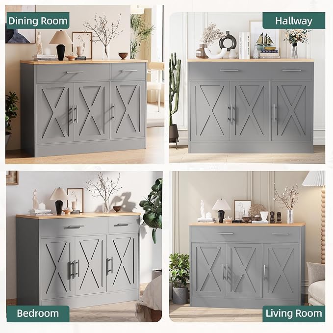 Shintenchi Modern Farmhouse Sideboard Buffet Cabinet with Storage with 3 Doors, 42"Barn Doors Buffet Cabinet with Storage, Wood Coffee Bar Cabinet with Adjustable Shelf for Kitchen, Living Room, Grey