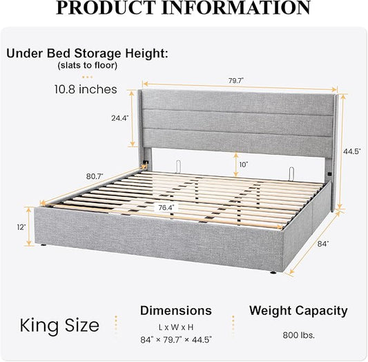 SHA CERLIN King Size Lift Up Storage Bed/Modern Wingback Headboard/Upholstered Platform Bed Frame/Hydraulic Storage/No Box Spring Needed/Wood Slats Support/Light Grey