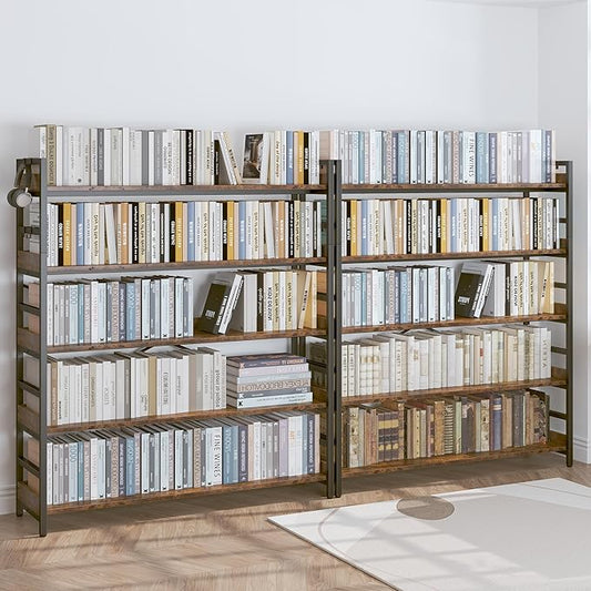 HCHQHS 5 Tier Bookshelf, Adjustable Industrial Bookcase, Vertical Tall Book Shelf, Wood and Black Metal Open Bookshelves for Home Office, Living Room, Bedroom