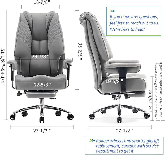 Big and Tall Office Chair 400lbs Wide Seat, Leather High Back Executive Office Chair with Foot Rest, Ergonomic Chairs Lumbar Support for Lower Back Pain Relief (Mesh Light Grey)