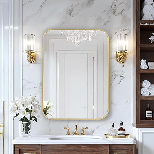 MZON 24x32 Inch Gold Bathroom Mirror – Brushed Gold Rectangular Vanity Mirror, Wall-Mounted, Anti-Rust Metal Frame, Tempered Glass, Vertical & Horizontal Hanging