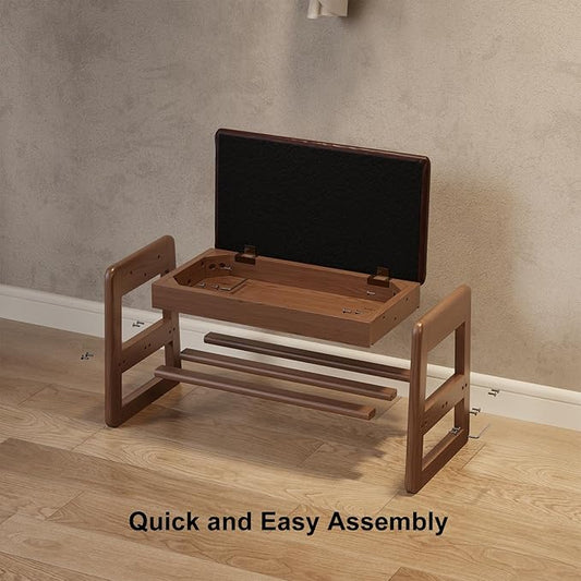 Small Shoe Bench with Leather Cushion,2 Tiers Shoe Rack Bench with Flip-Top Storage,Wood Shoe Rack for Entryway(Walnut,23.62")