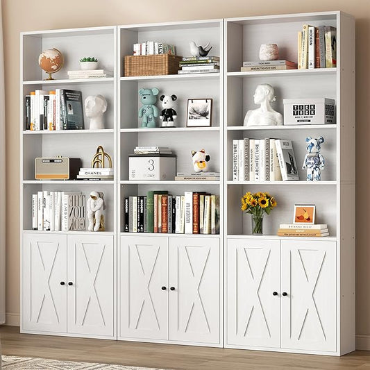 Shintenchi Bookshelf, Industrial Bookshelves and Bookcases with Doors Floor Standing 6 Shelf Display Storage Shelves 70.6 inches Tall Bookcase for Home Office, Living Room (White)