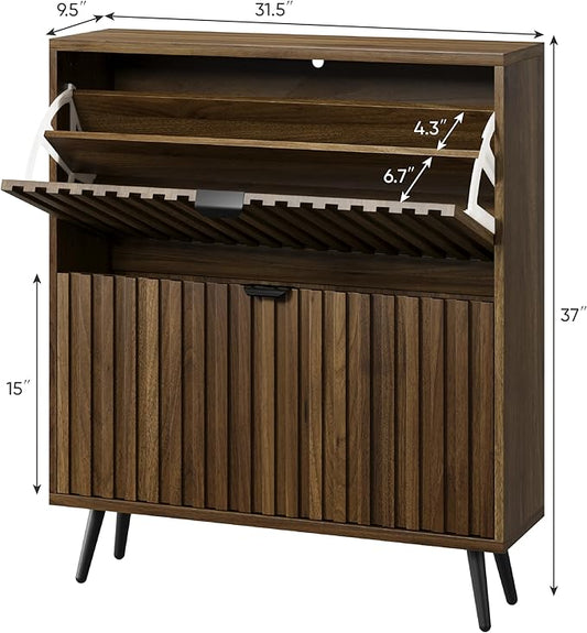Smuxee Shoe Cabinet with 2 Flip Drawers, 31.5" Walnut Hidden Shoe Storage Cabinet with Fluted Design, Freestanding Shoe Organizer Cabinet for Entryway, Hallway, Closet, Living Room
