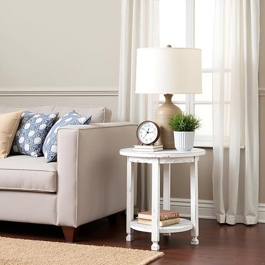 Rustic Cottage Round End Table w/ 1 Shelf, White Antique, 20" x 20" x 24", Farmhouse Style - Unique Accent Piece, Constructed of Select Hardwoods/Composite Wood, End Table w/ Drawer & Shelf