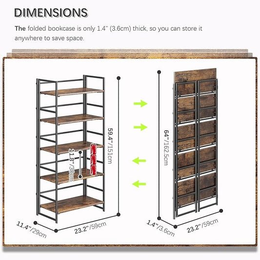 4NM No Assembly 5 Tiers Book Shelves, Black Folding Bookshelf Bookcase Open Industrial Foldable Shelves for Bedroom, Living Room, Home Office - Rustic Brown Black