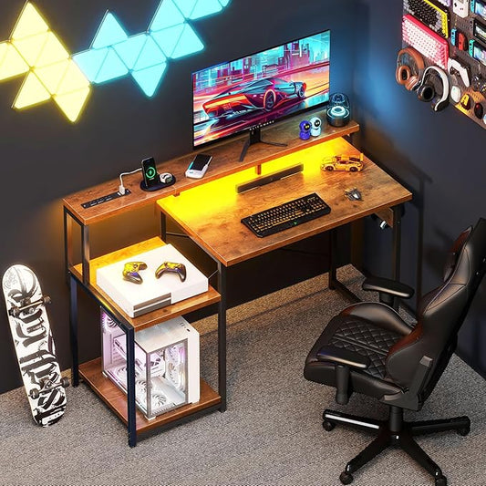 AODK Computer Desk, 48 Inch Gaming Desk with Led Lights & Power Outlet, Office Desk with Storage Shelves, Reversible Desk with Monitor Shelf & Headphone Hook, Rustic Brown