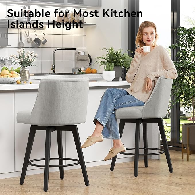Vipbear Swivel Counter Height Bar Stools Set of 4,26.8" H Counter Stools with Back, Mid Century Modern Bar Stools for Kitchen Island,Linen Fabric,Wooden Base, White