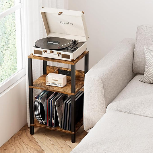 TUTOTAK Record Player Stand with Storage Up to 100 Albums,Record Storage Table,3 Tier End Table with Charging Station,Side Table for Living Room, Bedroom, Brown TB01BB076