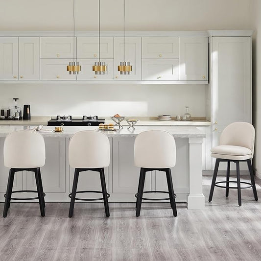 Counter Height Barstools 26 inch Upholstered Swivel Bar Stools with Back and Wood Legs for Kitchen Island,Set of 3,Beige Fabric-Armless