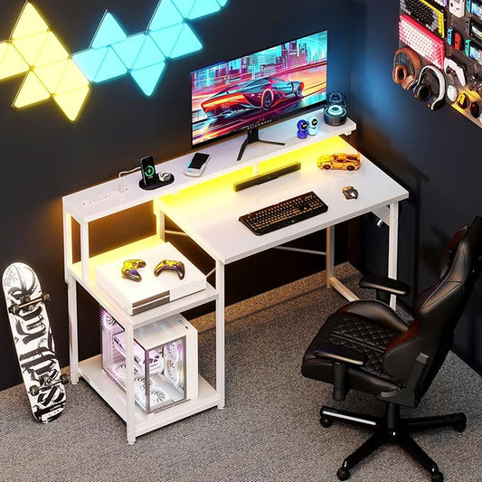 AODK Computer Desk, 48 Inch Gaming Desk with Led Lights & Power Outlet, Office Desk with Storage Shelves, Reversible Desk with Monitor Shelf & Headphone Hook, White