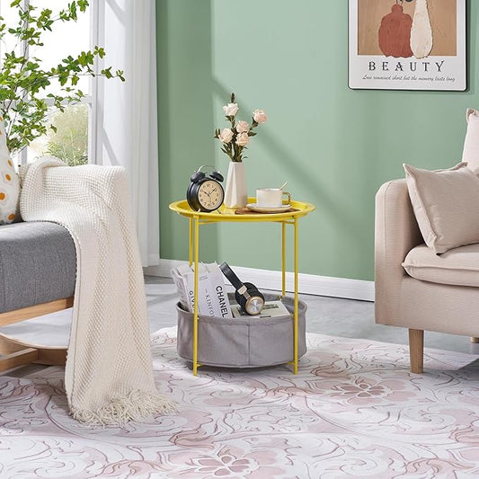 VECELO Round Side/End Table with Fabric Storage Basket,Metal Anti-Rust and Waterproof Small Bedside Nightstand with Removable Tray Top for Living Room,Balcony & Laundry,Yellow /1pcs with Basket