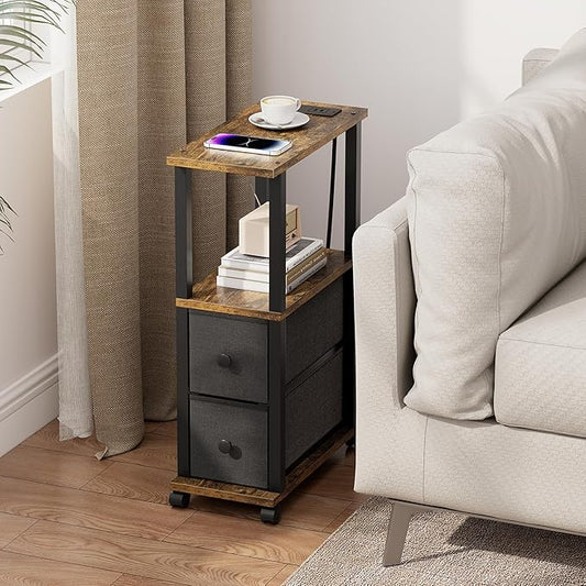 TUTOTAK Small Narrow End Tables, Side Tables with 2 Fabric Drawers, Set of 2, Bedside Tables with Charging Station for Small Spaces, Slim Nightstands with USB Ports and Wheels, TB01BB053