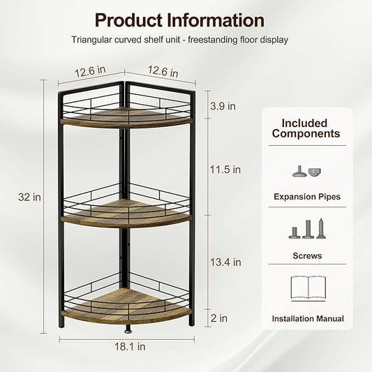 Bathroom Corner Shelf Stand, 3-Tier Small Corner Shelves, Triangular Curved Standing Bathroom Shelf Unit for Small Spaces, Ideal for Kitchen, Vanity Storage and Organization - Brown