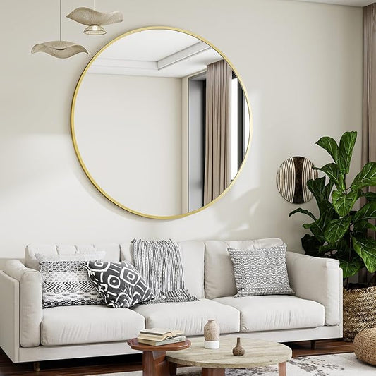 Black Round Bathroom Mirror, 42 inch Large Circle Wall Mounted Hanging Mirror with Simple Modern Circular Metal Frame for Hallway, Entryway, Living Room, Gold Frame