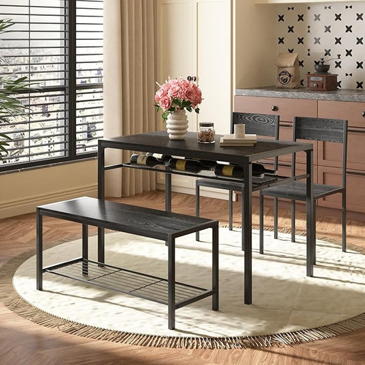 VECELO Kitchen Dining Room Table with 2 Chairs & Bench, Compact Space-Saving Design, Easy Assembly Steel Frame, Perfect for Small Apartments & Breakfast Nooks,Industrial
