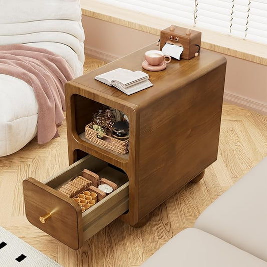 Solid Wood Nightstand, Narrow Night Stand with Drawers, Walnut Mid Century Modern Nightstand, Small Beside Table with Open Storage Shelf for Bedroom (10 inch)